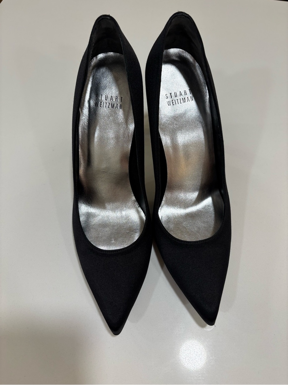 Stuart Weitzman Black Pointed Satin Pumps